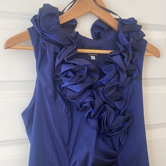Ruffled V-Neck Metallic Navy Color Dress XSCAPE by Joanna Chen - Picture 2 of 12